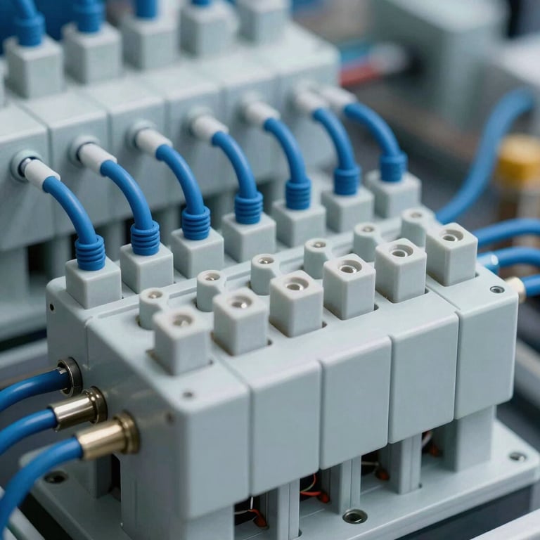 Close-up of a complex industrial electrical circuit with blue and white wiring, professional and organized.