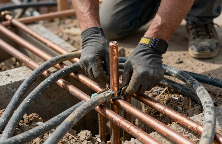 Close-up of a professional grounding system installation with copper rods and heavy-duty cabling at a construction site in Brazil, focus on technical precision.