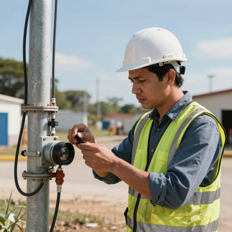 A South American engineer checking a grounding system at a commercial site, bright daylight.