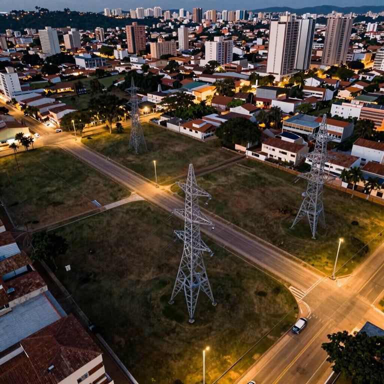 Aerial view of a new urban residential allotment in Brazil showing electrical post infrastructure, dusk lighting.