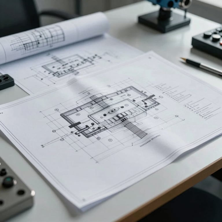 High-angle shot of technical blueprints spread out on a desk in a modern engineering office.