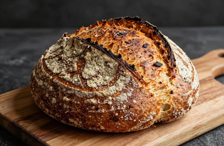 A close-up shot of freshly baked artisanal sourdough bread on a rustic wooden board in a North American / Western bakery.