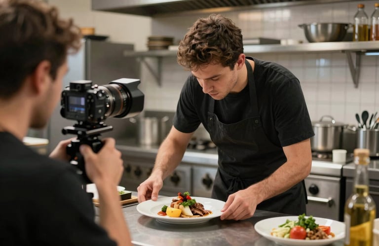 A behind-the-scenes shot of a content creator in a North American / Western commercial kitchen carefully arranging a plate of food for a professional photo shoot.