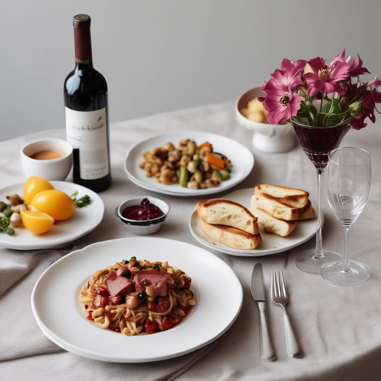 a plate of food and a glass of wine on a table