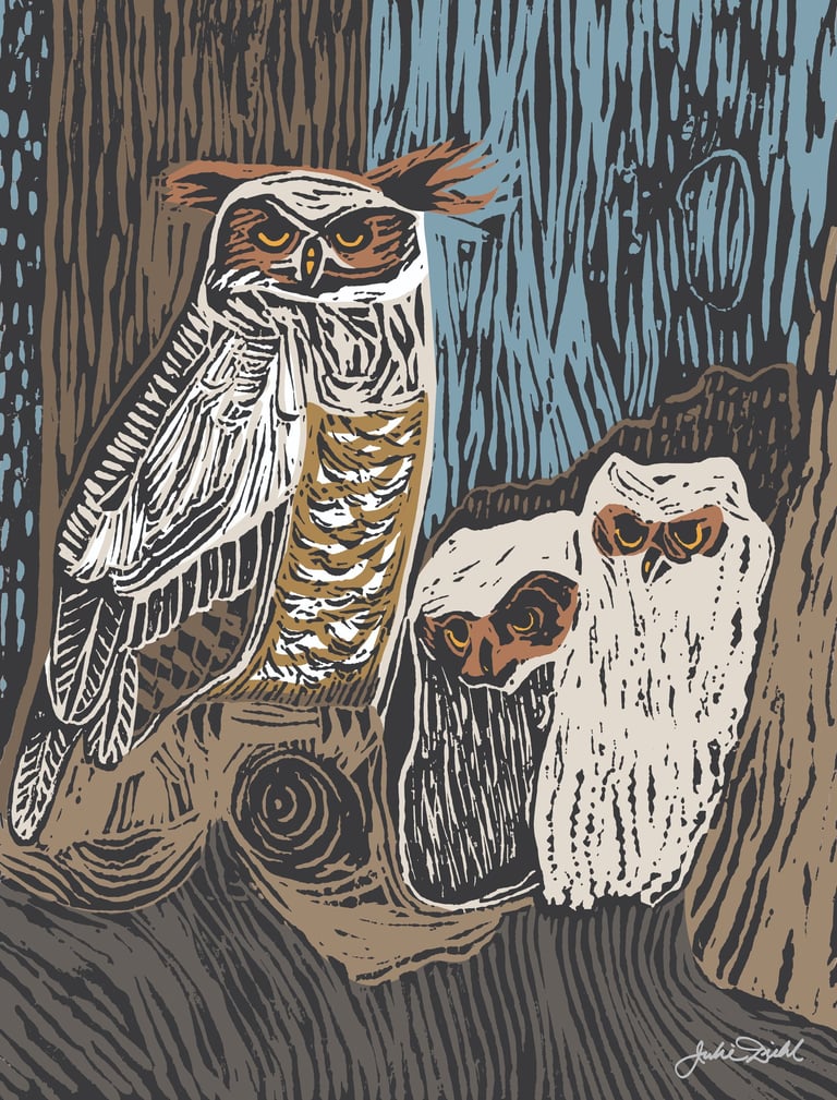 Nestled In linocut by Julie Diehl