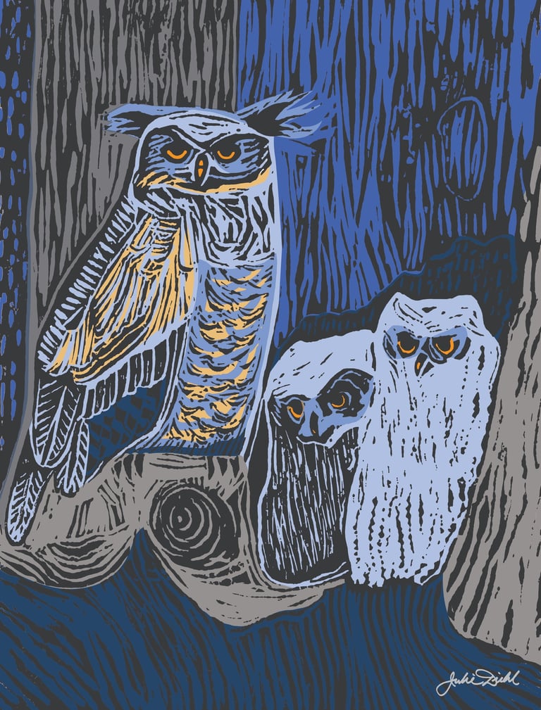 Threes A Hoot Linocut by Julie Diehl