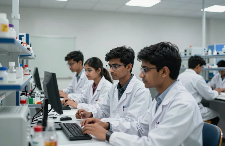 South Asian students in white lab coats working together in a state-of-the-art engineering laboratory at a top private college, focused and aspirational mood, modern equipment.