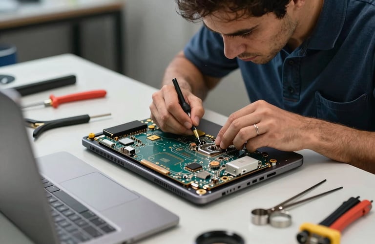 A technician wearing professional attire carefully repairing a high-end laptop on a clean workbench. Tools are neatly organized, reflecting comprehensive expertise in hardware and peripherals.