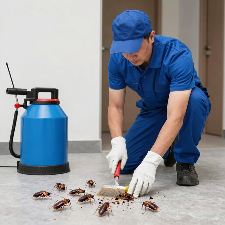 Technician in uniform carefully inspecting a residential kitchen for pests.