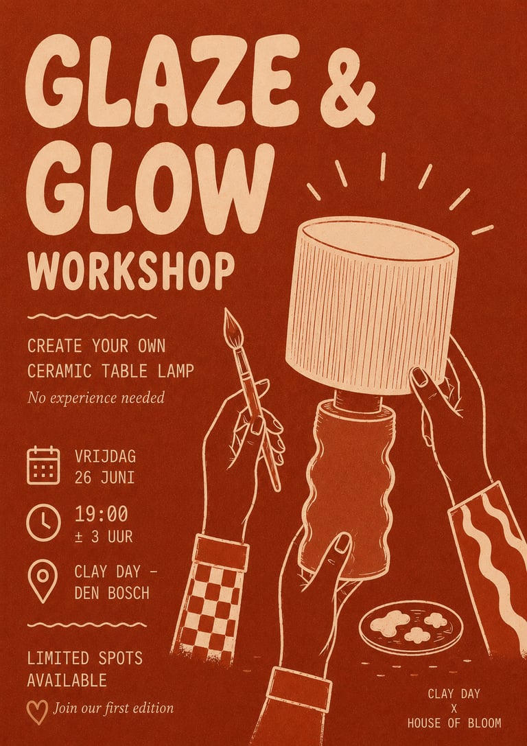 Glaze and Glow Workshop poster for a ceramic table lamp making class in Den Bosch.