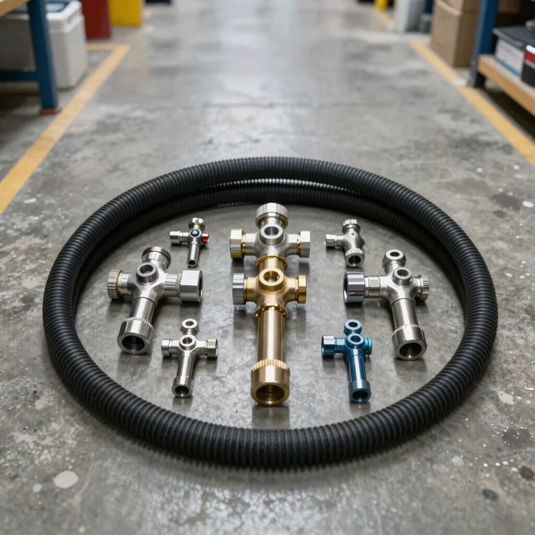 High-quality industrial plumbing tools and suction hoses laid out neatly on a clean concrete floor in a professional facility in the Philippines, bright warehouse lighting.