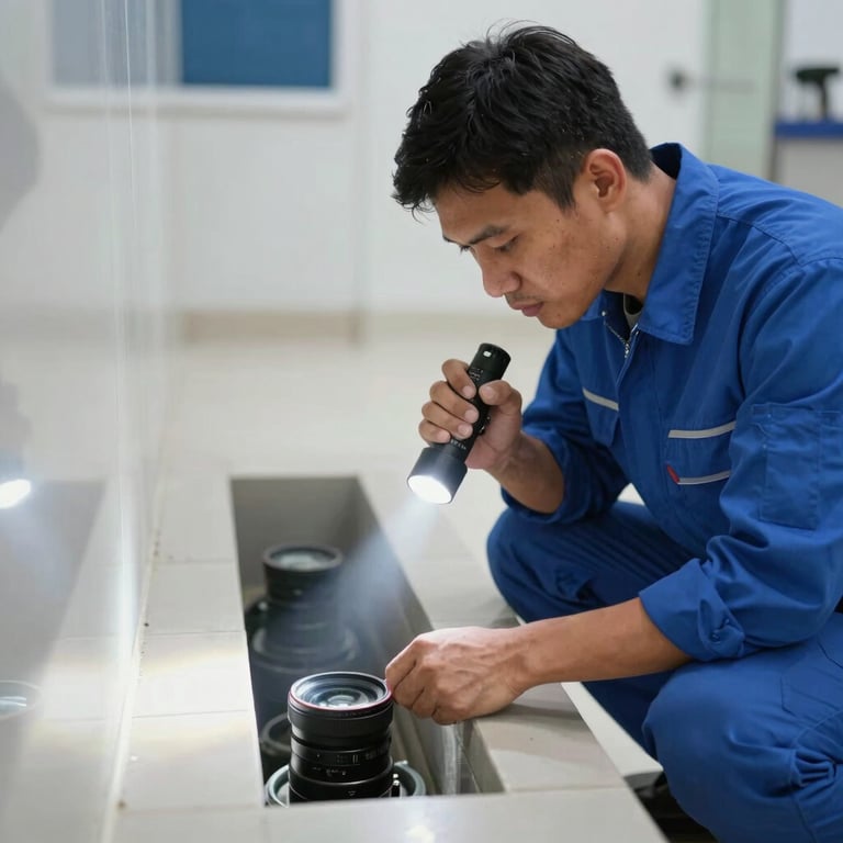 A professional Southeast Asian / Filipino technician in a blue uniform inspecting a drainage system with a flashlight, focused on the task, clean and modern setting.
