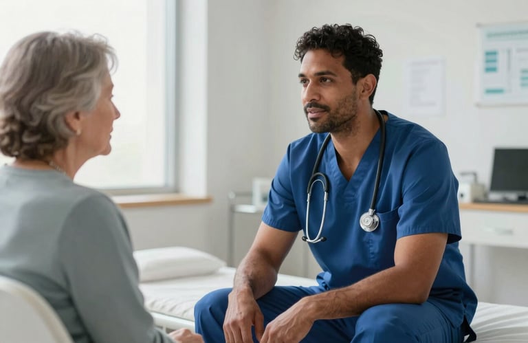 A compassionate North American / US doctor in steel blue scrubs talking to an elderly patient in a bright, modern consultation room.
