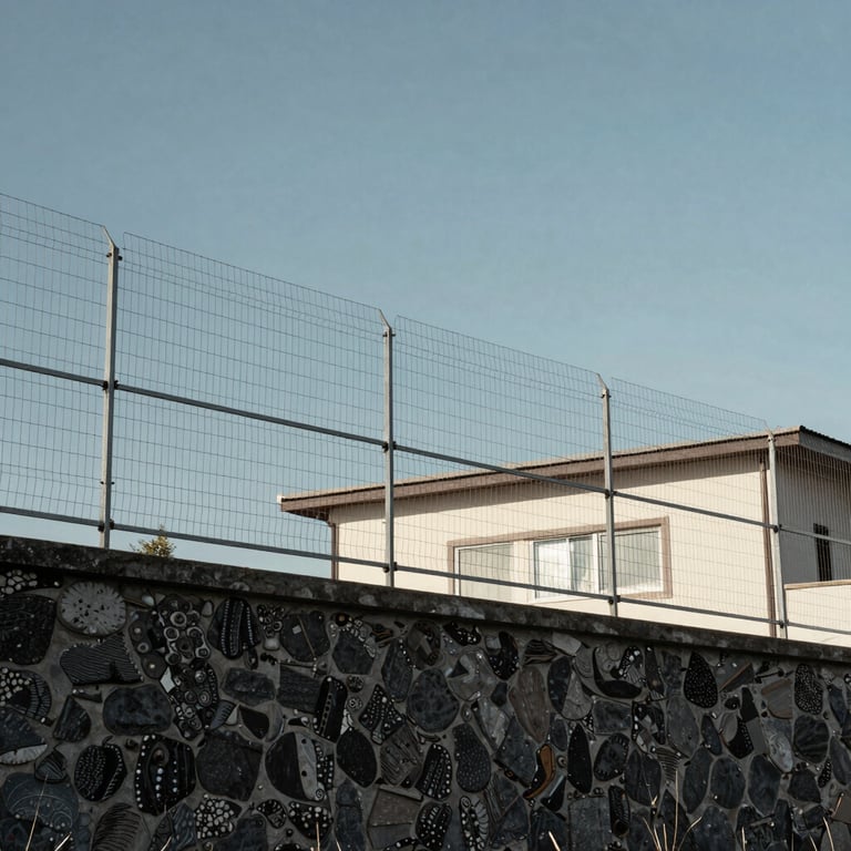 A professional electric fence installation on top of a stone wall in an Ecuadorian residential area, clean lines against a clear sky, blue gray and off-white palette.