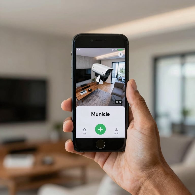 Hand of a South American homeowner using a mobile app to check security camera footage, modern interior, professional lighting.