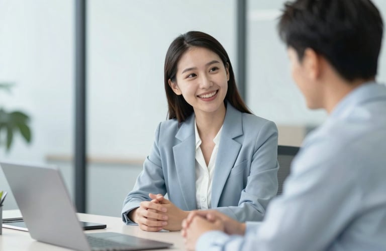 A friendly professional talking with a client in a bright, modern office. The scene exudes trustworthiness. Colors include #AABCBF and #F5F8FA.