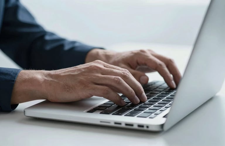 A close-up of a man's hands typing on a high-tech laptop. The scene is lit with cool, pale icy white light, emphasizing a professional and focused atmosphere.