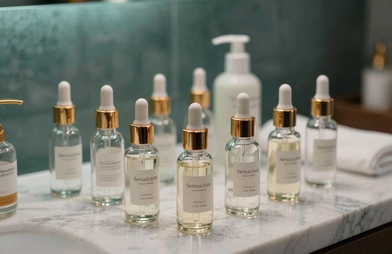 High-end skin care products in glass bottles arranged neatly on a marble surface in a South Asian / Indian luxury spa setting, with soft teal lighting.
