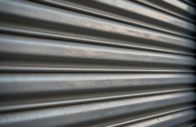 Detail shot of a industrial metallic roller shutter mechanism in muted silver and deep charcoal.