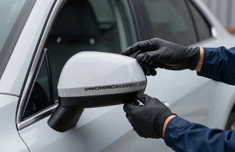 Technician's hands in professional gloves adjusting a new side-view mirror on a vehicle door, conveying precision and expertise in a North American setting.