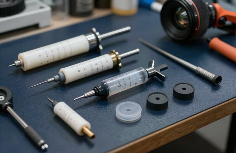 Detailed shot of professional auto glass repair tools, including resin injectors and suction cups, organized on a Dark Navy Blue workbench in a North American workshop.