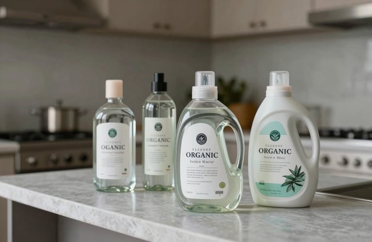 Elegant glass bottles of organic laundry detergent arranged on a Light Grayish Blue countertop in a minimalist South American kitchen, natural lighting.