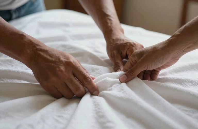 Close-up of hands in a South American home setting gently feeling the softness of a high-quality white cotton garment, warm and clean lighting.