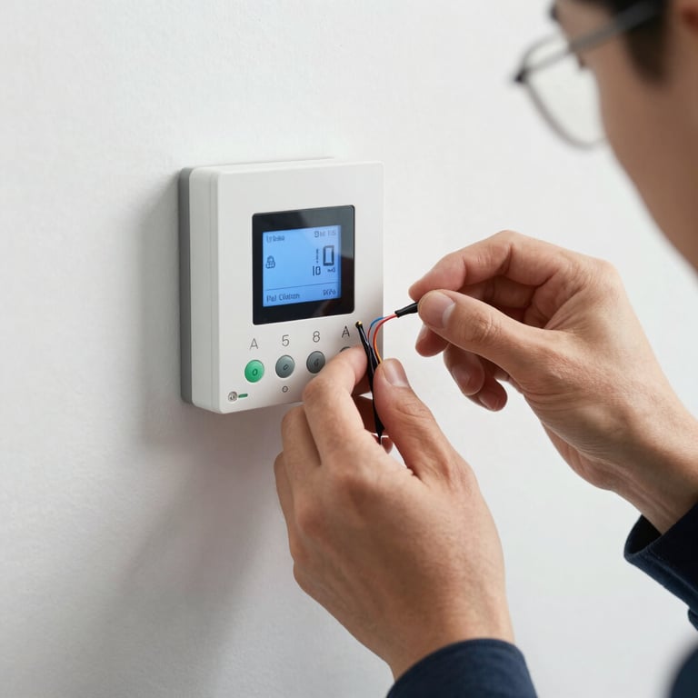 A technician's hands carefully wiring a modern smart home thermostat on a white wall, detailed view, professional lighting.