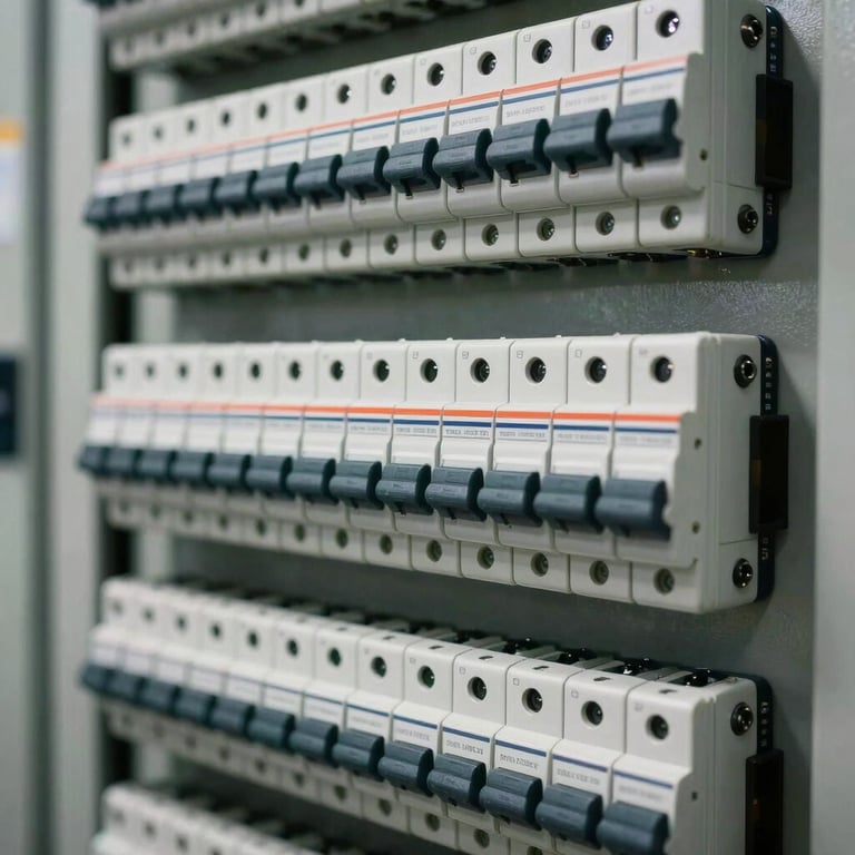A close-up shot of a neatly organized electrical switchboard with modern circuit breakers, showing expert precision and safety.