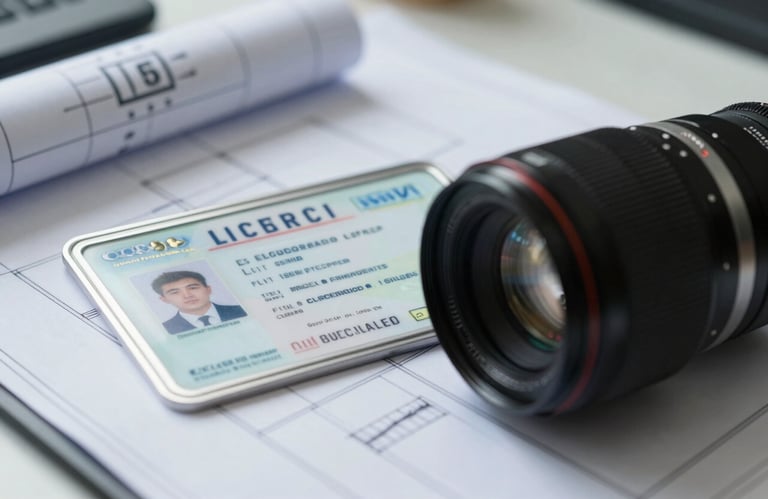 Close-up photography of a professional electrical license and a set of clean blueprints on a desk in a North American / US office, bright natural lighting, soft steel blue palette.