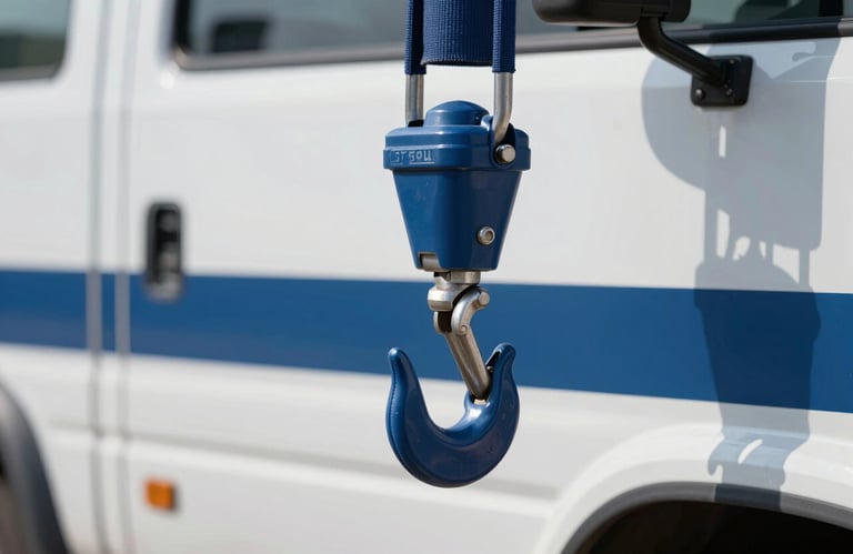 A close-up of a tow truck hook attached to a vehicle, highlighting safety and professional equipment. Daylight setting with clean #375A77 and #F5F8F9 colors.
