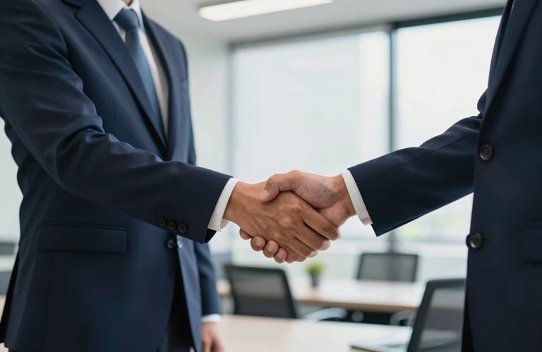 A professional handshake between two people in business attire within a bright, modern Southeast Asian / Thai office setting, reflecting Dark Navy Blue and White Mist brand colors.