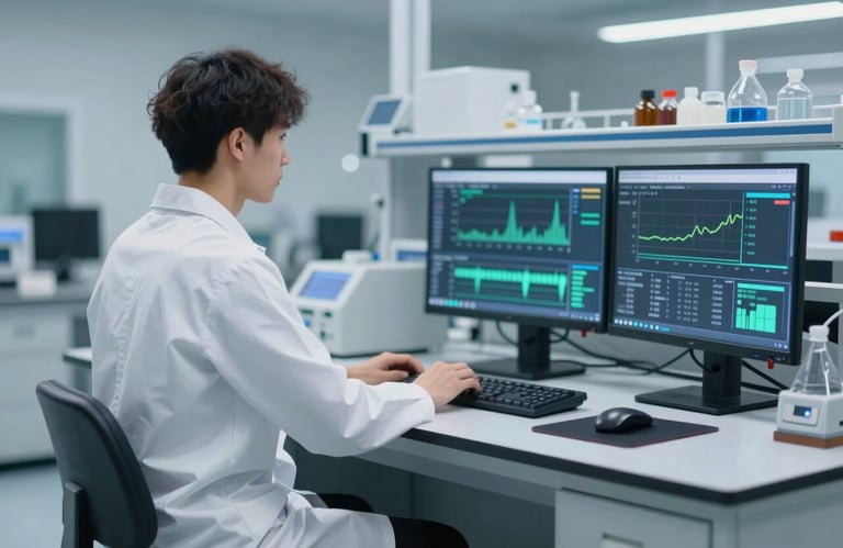 A high-tech laboratory setting with clean glass equipment and digital monitors showing environmental data graphs.