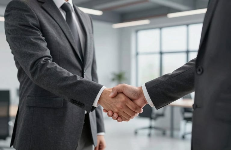 A professional handshake between business partners in a sleek, modern office overlooking a clean industrial area, tones of #1A2D2A.