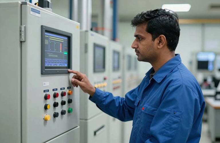 A South Asian / Indian professional technician in a blue uniform monitoring an advanced digital control panel in a modern power plant. The atmosphere is calm and focused, highlighting operational efficiency and high-tech expertise.