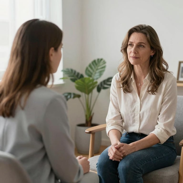 Professional female therapist listening to a client during a mental health counseling session.
