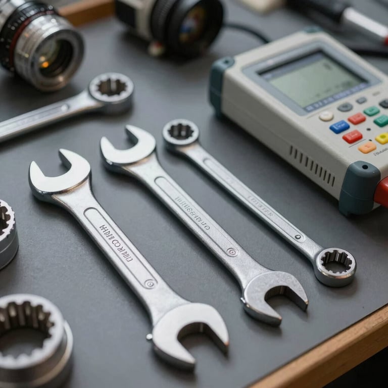 Close-up of high-quality professional wrenches and electronic testing equipment laid out on a dark gray work surface, Turkish / Istanbul Anatolian Side context.