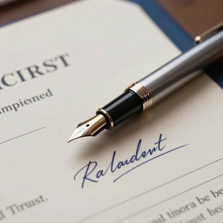 A detailed close-up of a high-end fountain pen resting on a signed trade agreement, signifying trust and official business, professional lighting, Medium Blue accents.