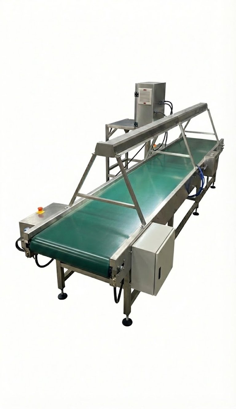 Industrial stainless steel conveyor belt system with green PVC belt and control panel box for automated production line.