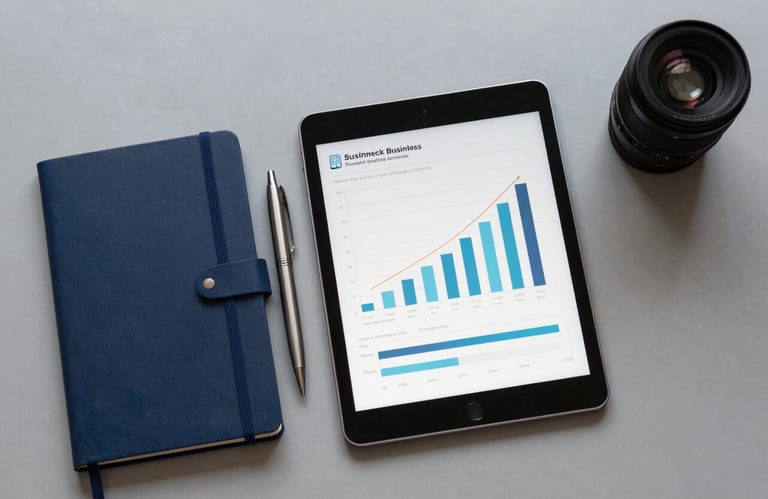 A top-down view of a light grey desk with a tablet showing business growth charts. A deep navy blue notebook and silver pen are placed neatly beside it.