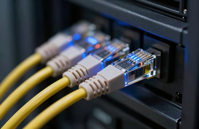 A close-up photograph of professional network cables and glowing blue LEDs in a high-tech Brazilian data center.