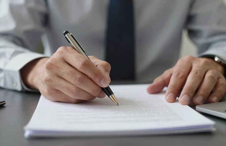 A professional holding a high-end pen over a blank document, focus on hands and quality desk surface, professional lighting.