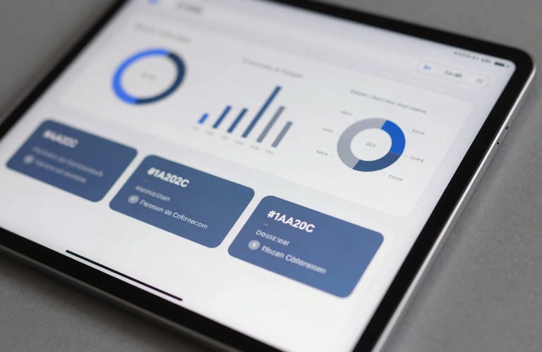 A macro shot of a sleek tablet displaying a clean data dashboard with professional blue and gray tones, #1A202C and #A0AEC0 colors.