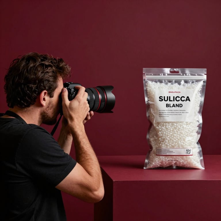 A photographer in a studio in Porto, taking high-quality product photos of silica gel packaging against a deep ripe crimson backdrop, Portuguese-speaking / European context.