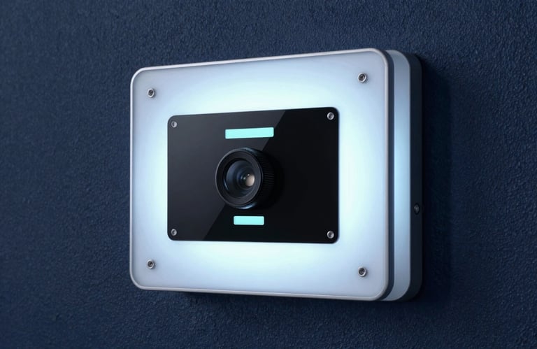 A close-up of a high-tech security access panel with a soft ice white glow, mounted on a textured deep navy wall.