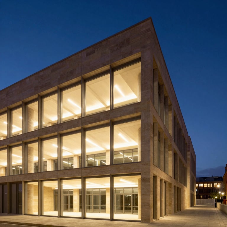 Architectural detail of a modern building in Zaragoza at dusk, with clean lines and warm interior lighting against a dark blue evening sky, conveying professional stability.