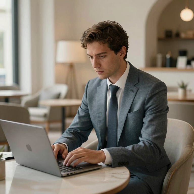 A professional in elegant business attire working online from a stylish, modern lounge. Muted tones of cream and blue-grey, sophisticated lighting, Spanish atmosphere.