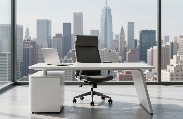 A minimalist photograph of a high-end designer office chair and a white desk in a light-filled skyscraper office with a view of a North American city skyline.