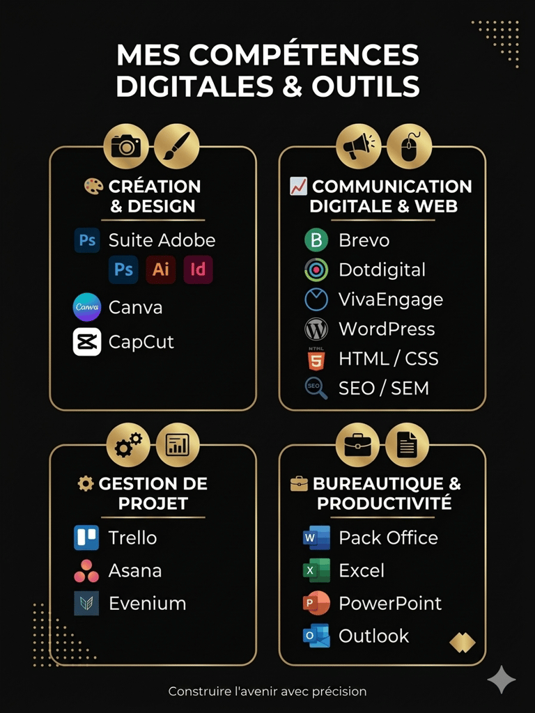 Graphic showing digital skills in Adobe Suite, Canva, WordPress, SEO, and project management tools like Trello.