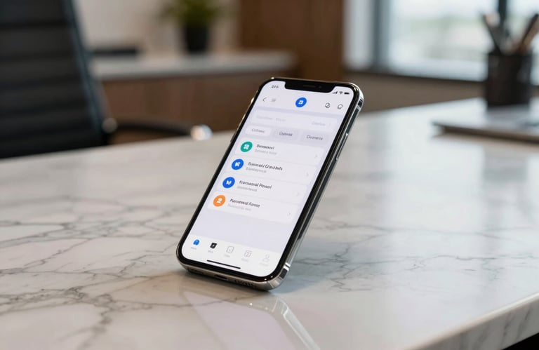 A professional photography shot of a high-end smartphone on a marble desk, displaying a clean business application. The environment is a professional Brazilian corporate office with soft, elegant lighting.